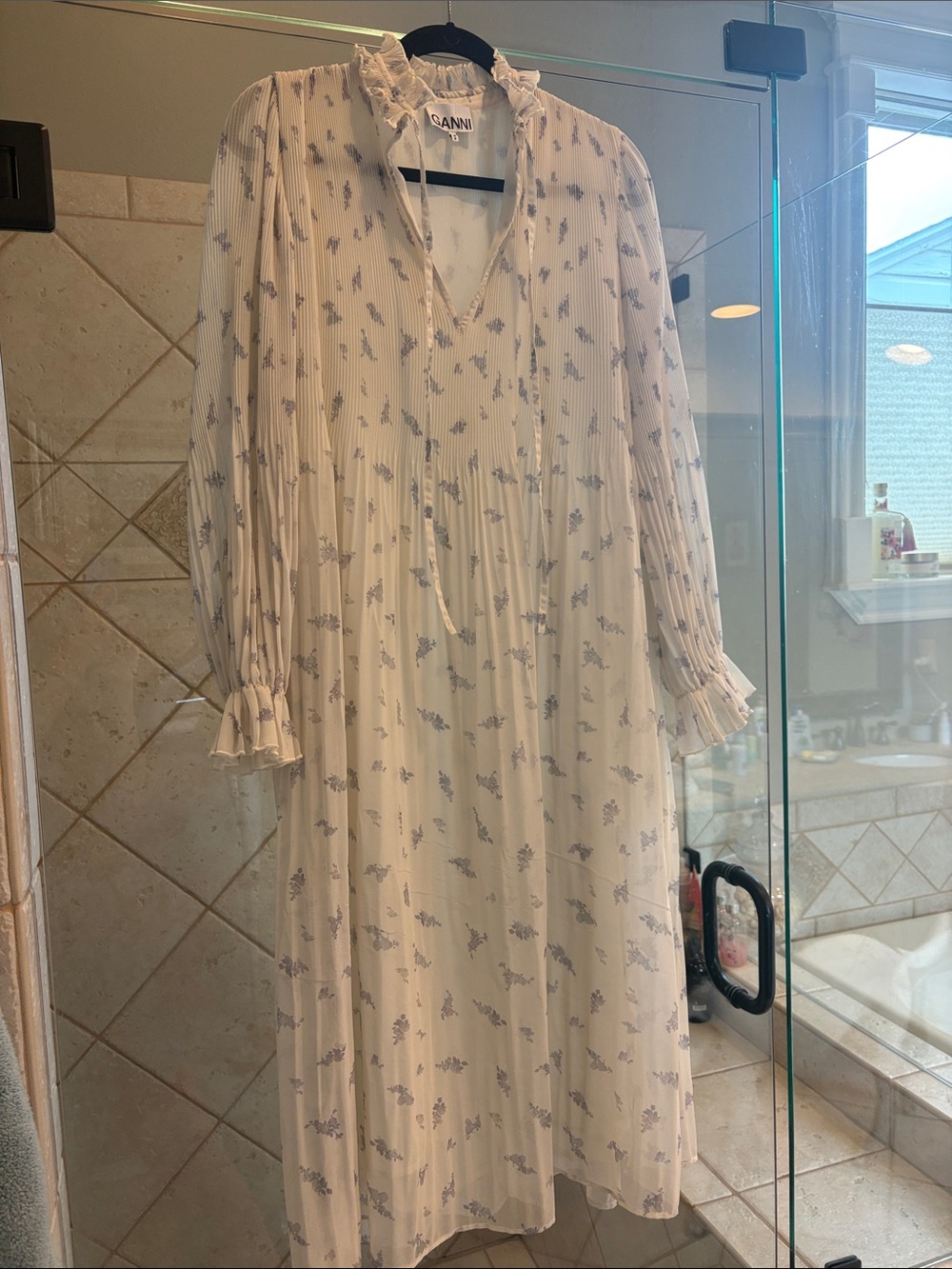 Ganni Cream Midi Dress with Pale Gray Floral Print